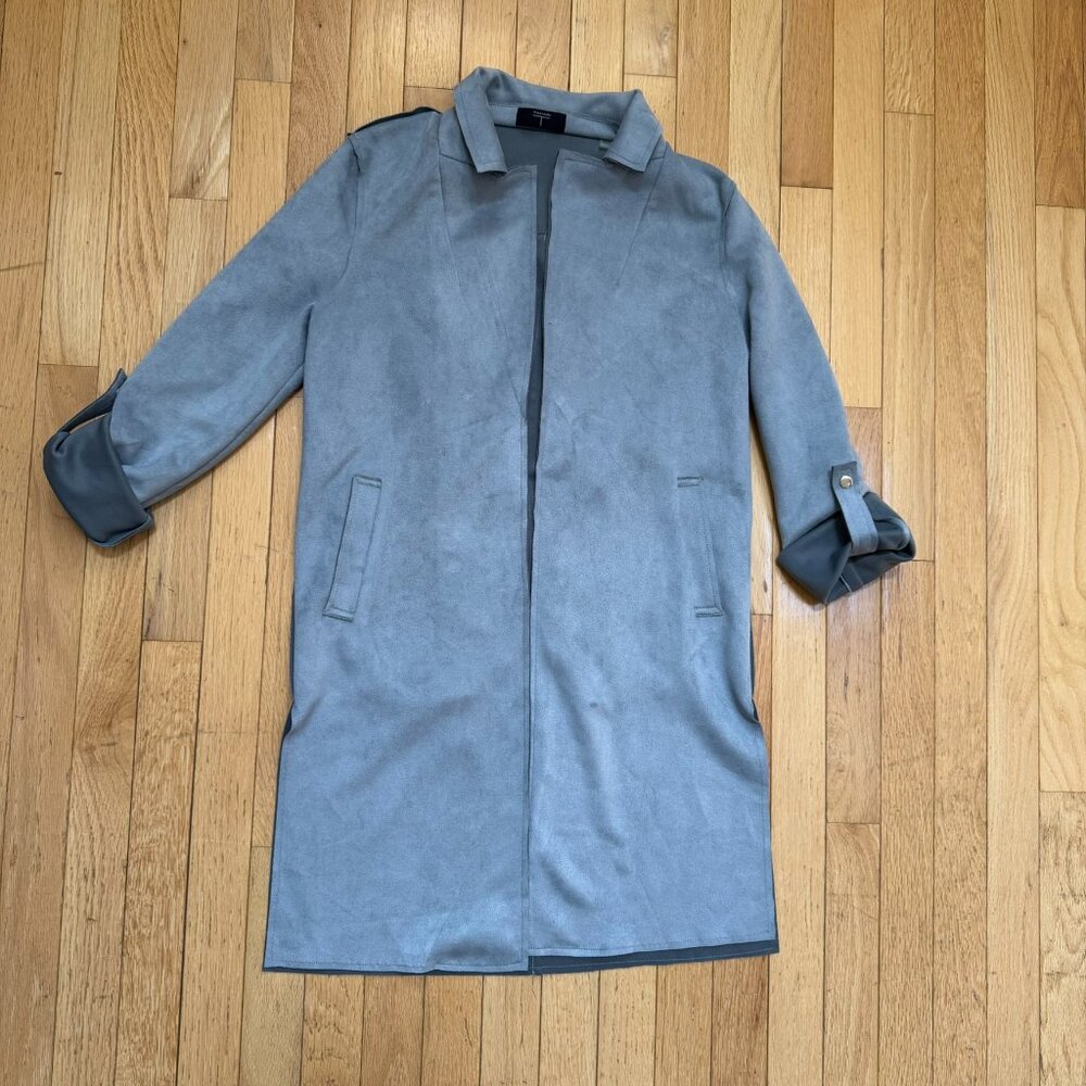 T Tahari Faux Suede Roll Tab Open Topper Gray Drape Coat Size XS